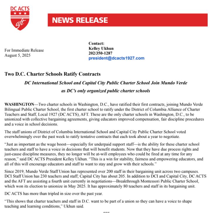 Two More D.C. Charter Schools Ratify Union Contracts